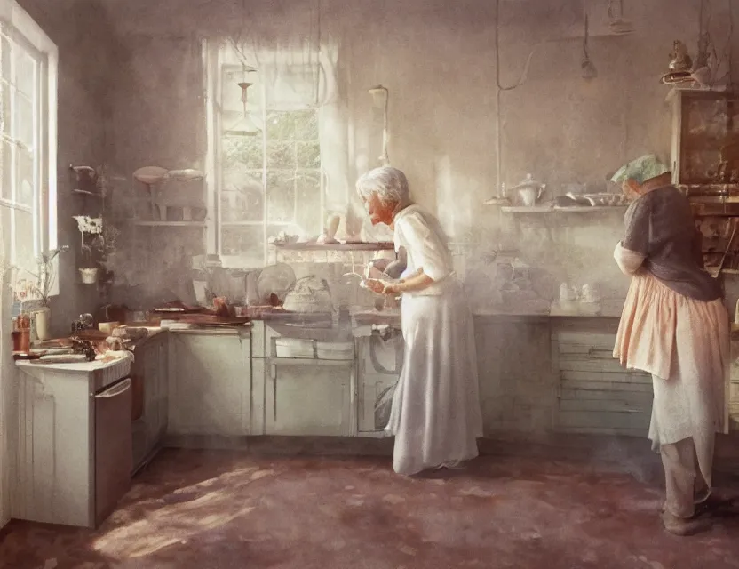 Image similar to grandmother cooking in a kitchen in country house, back view, cottage core, cinematic focus, polaroid photo bleached vintage pastel colors high - key lighting, soft lights, foggy, by steve hanks, by lisa yuskavage, by serov valentin, by tarkovsky, 8 k render, detailed, oil on canvas