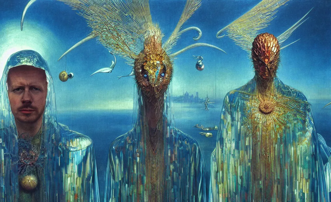 Image similar to realistic detailed portrait movie shot of a birdman wearing reflective transparent robes, sci fi city landscape background by denis villeneuve, amano, yves tanguy, alphonse mucha, ernst haeckel, max ernst, roger dean, masterpiece, rich moody colours, blue eyes