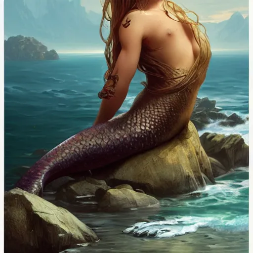 Prompt: mermaid siting on a rock, her hair is flowing down, highly detailed, digital painting, artstation, concept art, sharp focus, illustration, art by artgerm and greg rutkowski and alphonse mucha