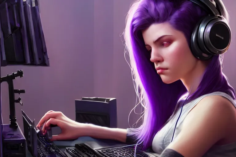 Image similar to wide - shot of stunningly beautiful purple haired female with headphones at home studio streaming computer games late at night, very detailed, 4 k, concept art like ernest khalimov, intricate details, highly detailed by greg rutkowski, ilya kuvshinov, gaston bussiere, craig mullins, simon bisley, backlit