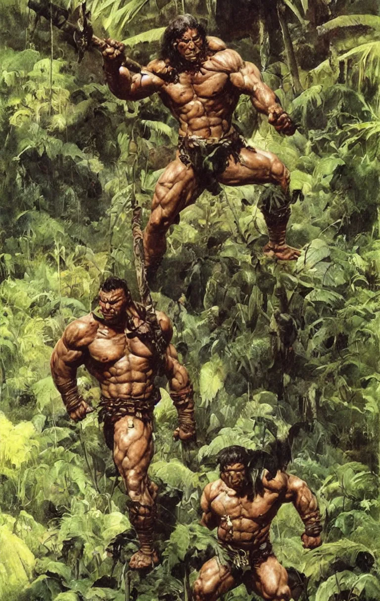 Prompt: a muscular barbarian warrior standing in a lush jungle, oil painting by frank frazetta