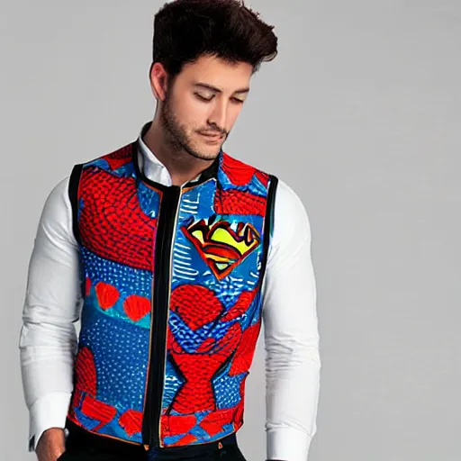 Prompt: a vest with a pattern of superheros