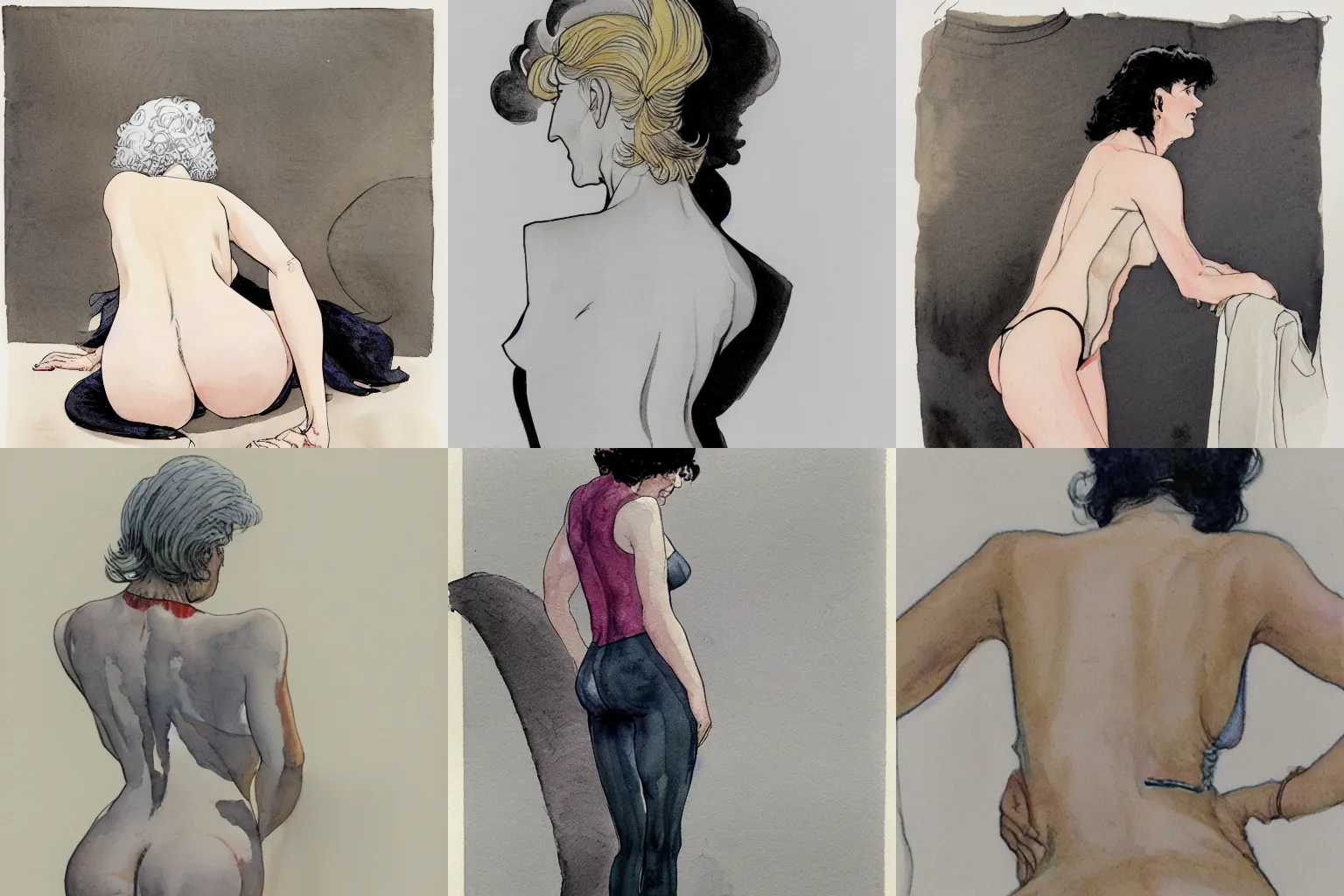 Prompt: the lower back of an attractive grey haired woman. watercolor drawing by hugo pratt and milo manara.