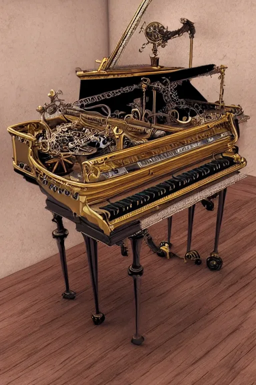 Image similar to Steampunk harpsichord, Artstation, photorealistic
