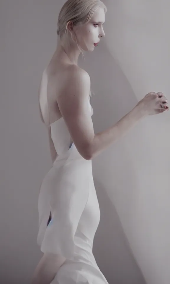 Image similar to photo of gorgeous seductive tall emily skinner cosplaying annie leonhart wearing elegant white dress, wearing open toe heels, in a white room, beautiful face, pale skin, rule of thirds, cinematic lighting, sharp focus, backlit, stunning, smooth, hard focus, full body shot, studio photo, shot on sony a 7 iii