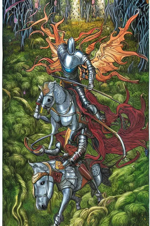 Image similar to medieval knight riding a horse in a magic kingdom overgrown by moss and plants, shiny armor, enchanted forest with flying faires, wizards and magic mushrooms in the background, illustrated by james jean, very detailed and colorful, comicbook cover