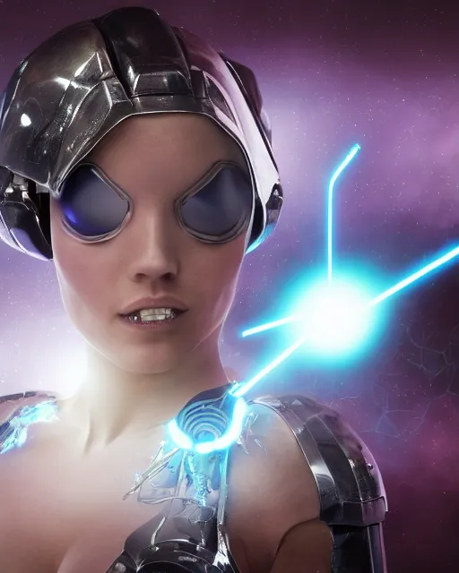 Image similar to A female cyborg extraterrestrial plastic and metal warrior with beaming nebulous eyes writing on a three-dimensional. computer hologram, insanely detailed