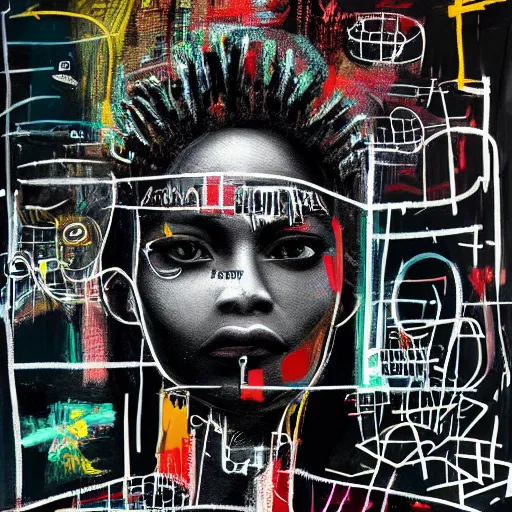 Prompt: a sketch drawing, ultra detailed, attentive, magic, love, beautiful woman, surreal city, in style of jean - michel basquiat, trending on artstation