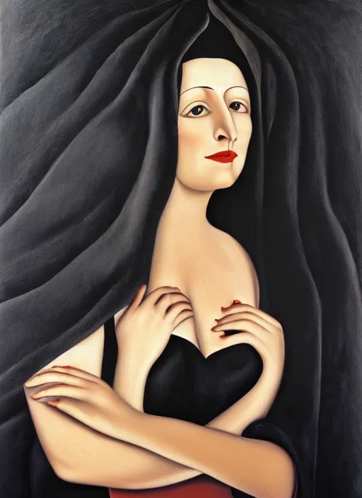 Image similar to oil painting of portait Queen of Ecstasy, dark hair, veil, black dress, Hungarian, by Georgia o Keeffe, by Marcel Jankowicz, 🥵