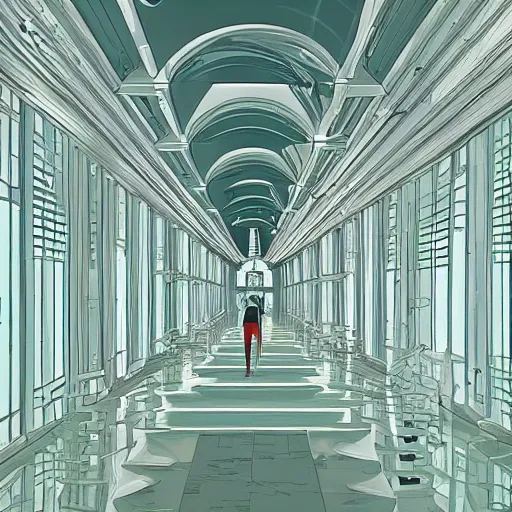 Image similar to a slimegirl in a bright white hallway with many doors and many stairs, Mc Escher architecture, epic composition, by Makoto Shinkai