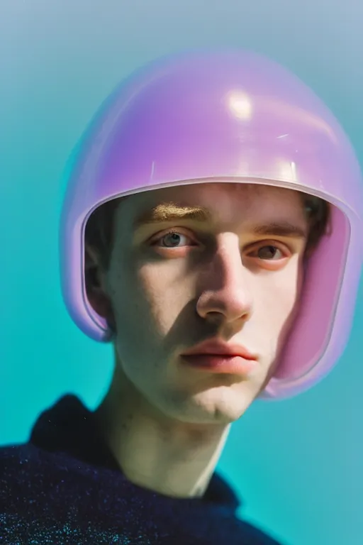 Prompt: high quality pastel coloured film mid angle portrait photograph of a beautiful young 2 0 year old male, soft features, short hair, perspex space visor and oversized inflated clothing!!!! icelandic black! rock pool environment. atmospheric three point light. photographic. art directed. ( pastel colours ). volumetric. clearcoat. waves. 8 k. filmic.