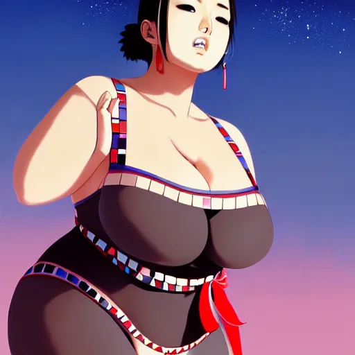 Image similar to a beautiful plus sized model japanese natalie portman, alluring plus sized model, wearing mayan leotard with overalls, street fashion hip hop style with mayan patterns, aztec street fashion, gapmoe yandere grimdark, trending on pixiv fanbox, painted by greg rutkowski makoto shinkai takashi takeuchi studio ghibli, akihiko yoshida