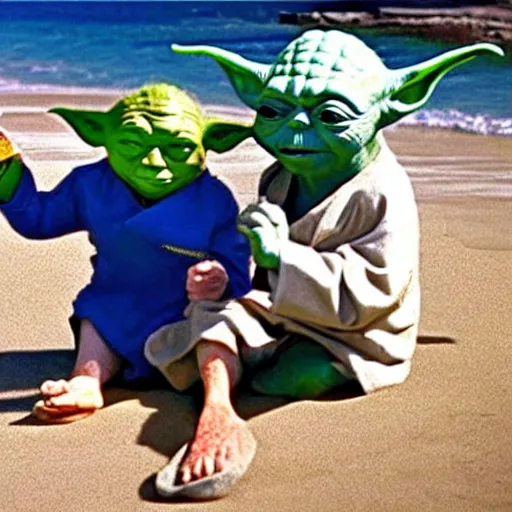 Prompt: yoda at the beach with anakin skywalker eating ice-cream