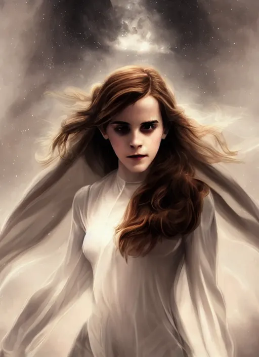 Image similar to emma watson as dark magic celestial, long hair, white and transparent cloth, space, D&D, shiny background, intricate, elegant, highly detailed, digital painting, artstation, concept art, smooth, sharp focus, illustration, artgerm, bouguereau