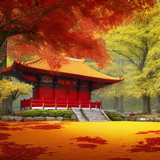 Image similar to cozy tang dynasty shrine in a maple forest during autum, red leaves, award winning fantasy concept art, high octane render, 8k resolution, high definition