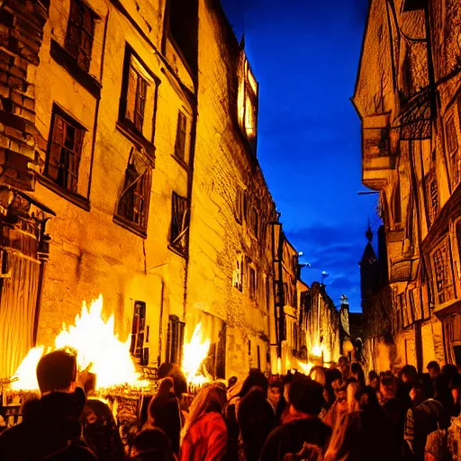 Prompt: a medieval city, plague, glowing fire, many people, wide angle