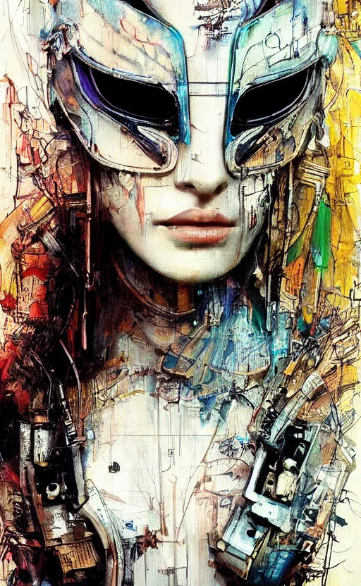 Prompt: beautiful woman made of mech mask rendered in unreal engine, cyberpunk, rave, scifi, painted by albrecht durer | bernard buffet | carne griffiths | wlop