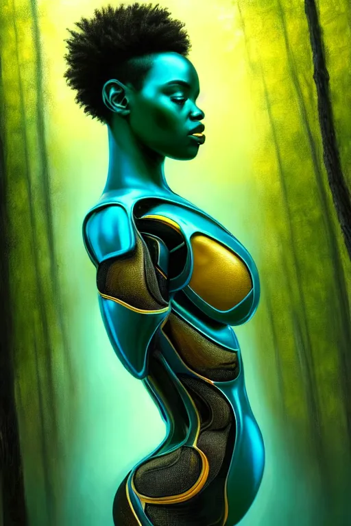 Image similar to hyperrealistic magic realism cinematic super expressive! black woman with exoskeleton armor, merging with tree in a forest, highly detailed digital art masterpiece, smooth cam de leon eric zener dramatic pearlescent soft teal yellow light, ground angle hd 8 k, sharp focus