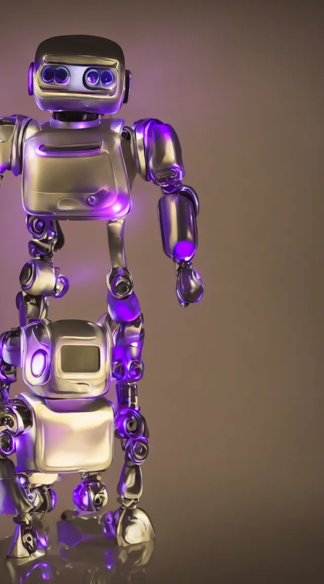 Prompt: tiny robot with purple lights, professional photo, hdr, bokeh, sci fi