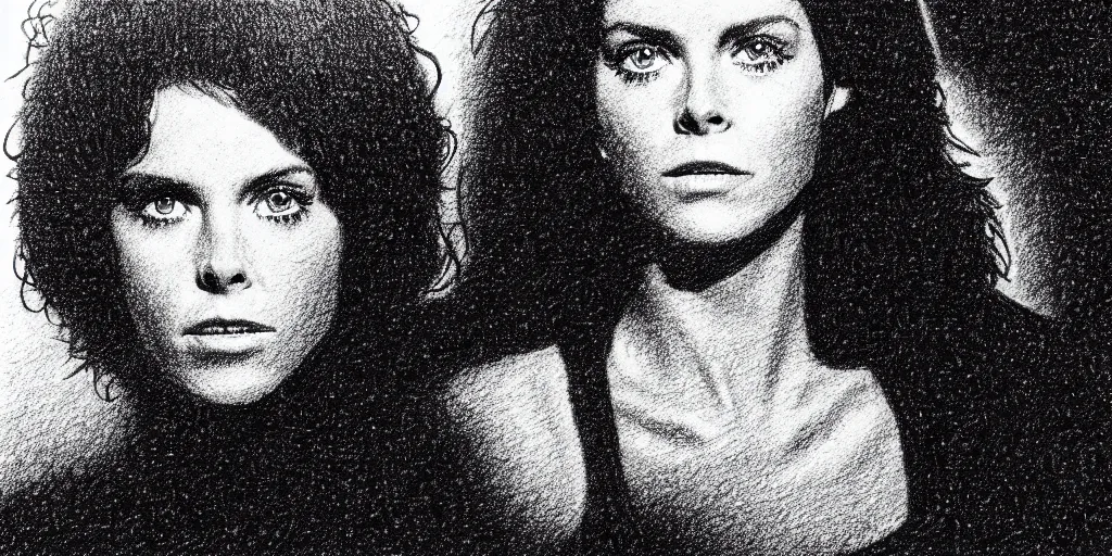 Image similar to a stipple drawing of ripley from the movie alien, looking into the camera