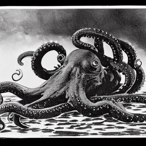 Image similar to old black and white photo, 1 9 1 3, depicting dieselpunk giant octopus attacking new york, historical record, tentacles around