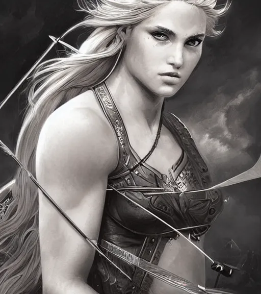 Prompt: portrait of very beautiful aphrodite goddess as an archer, arrow, beautiful piercing eyes, flowing blonde hair, realistic face, black and white drawing, in the style of greg rutkowski, fantasy, amazing detail, epic, intricate, elegant, smooth, sharp focus