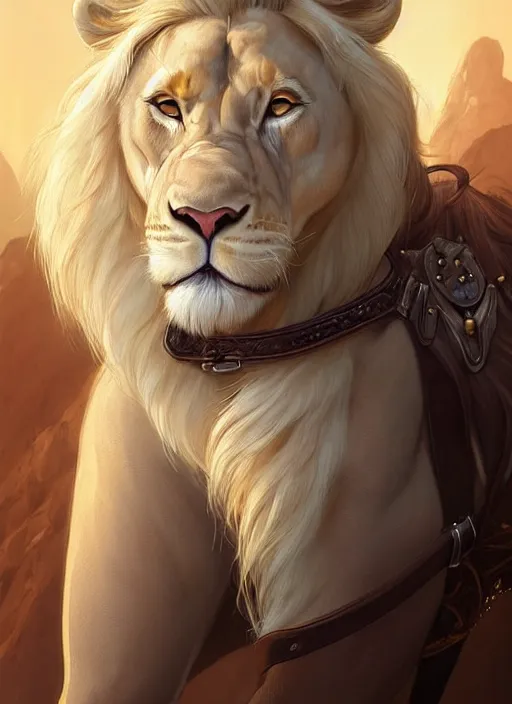 Image similar to aesthetic portrait commission of a of a male fully furry muscular anthro albino lion wearing a summer outfit and leather harness with a tail and a beautiful attractive hyperdetailed face at golden hour, fully clothed . Character design by charlie bowater, ross tran, artgerm, and makoto shinkai, detailed, inked, western comic book art, 2021 award winning film poster painting