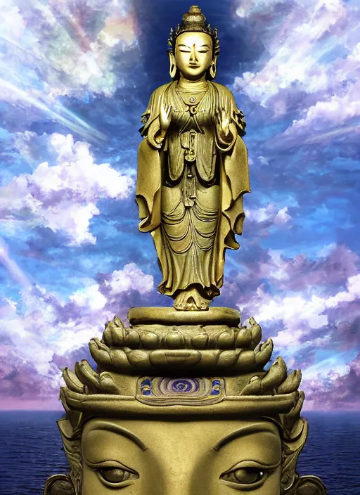 Image similar to guanyin stand on big loutus, a godness of the southern seas, a realistic setting with muted colors, visual novel cover, by yoshitaka amano, zeng fanzhi, jane hamilton, tiffany studios, sunrays shine uponit, frostbite 3 engine, cryengine, dof, trending on artstation, digital art, fantasy detailed background