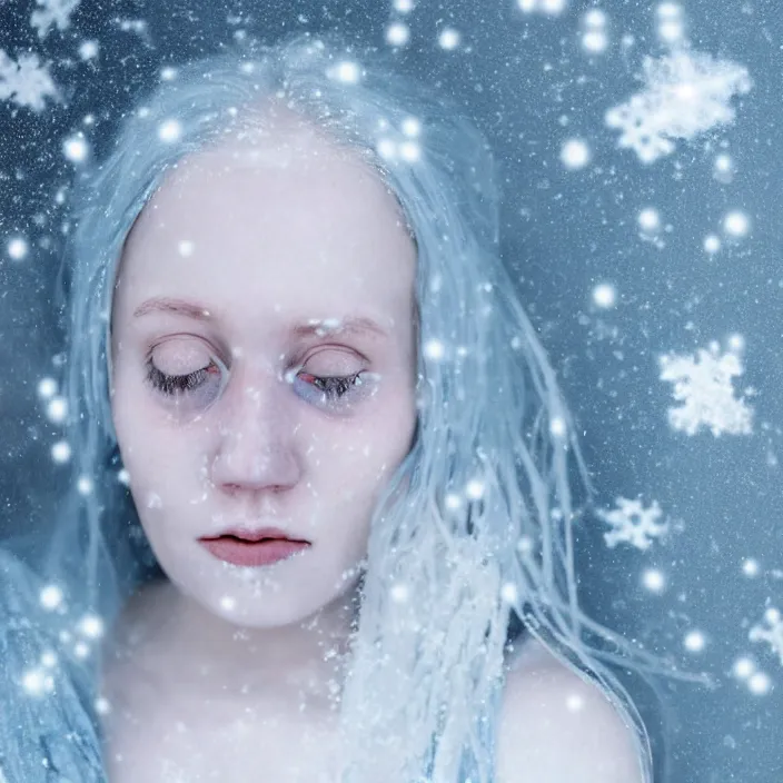 Image similar to a sickly looking young woman dying of hypothermia, with very white skin and pale blue hair wearing a long white dress made out of snowflakes in the middle of a heavy snowstorm. pale cold blue lips. full body digital portrait by maromi sagi