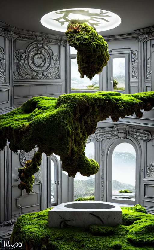 Image similar to highly detailed ultra sharp 3 d render villa interior cinematic composition of a smooth ceramic porcelain biomorphic magnolia stone nebula fluid fractal sci - fi surreal architecture landscape, granite, metallic, magnesium, marble, moss and lichen, vincent callebaut composition, mamou - mani, archviz, beautiful lighting, 8 k, unreal engine, hdr,