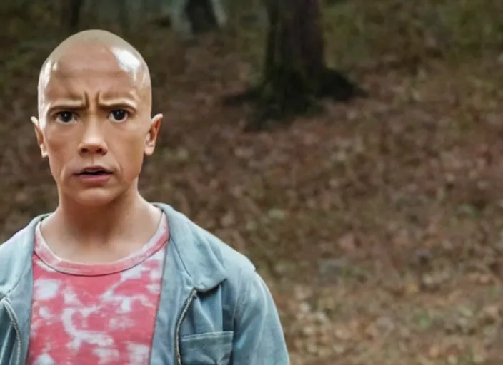 Prompt: film still of dwayne the rock johnson as eleven using psychic powers in the new stranger things movie, 4 k, highly detailed face, detailed eyes