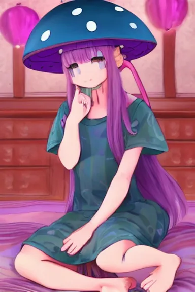 Image similar to a beautiful little girl wearing a mushroom hat sitting in her room petting a frog in her lap | | purple hair, pretty face, sharped details, in ryuuou no oshigoto art style, trending on pixiv, anatomically correct