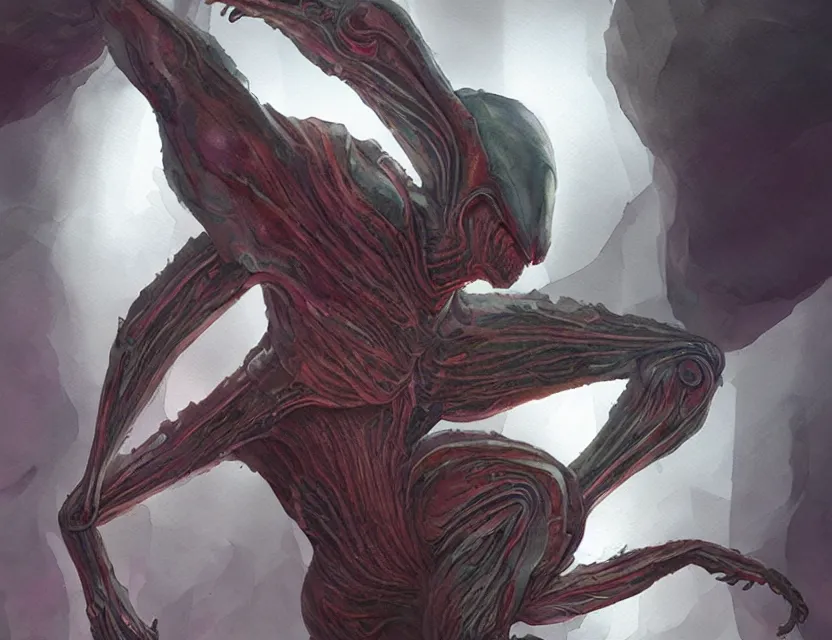 Prompt: amorphous alien lifeform taking over a human body, safe for work. this watercolor painting by the award - winning concept artist has dramatic lighting, an interesting color scheme and intricate details.