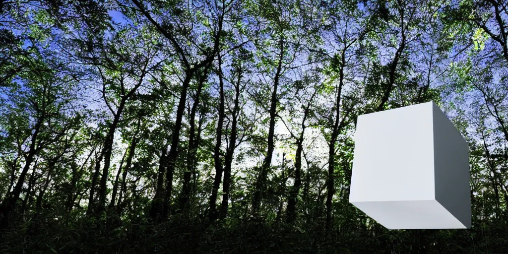 Prompt: a bright white cube floating amid the trees of a dark overgrown forest at night, light emitted from the cube casting shadows, colorful art by chiho aoshima, wide angle, low angle, close-up