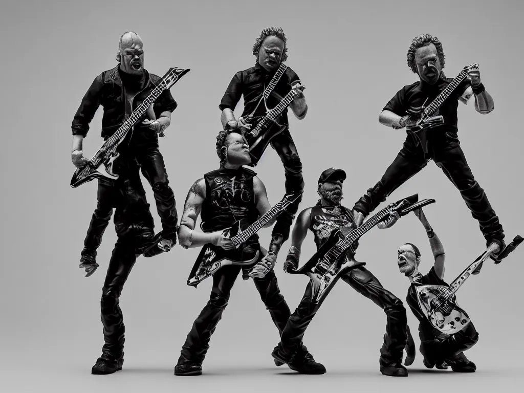 Prompt: metallica as vinyl toys by pay jay figure, studio product photography, moody lighting, single strobe light, low - key light, dark background