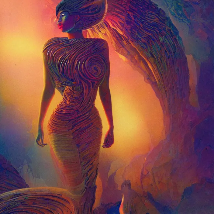 Prompt: kylie jenner as a goddess, abstract, concept art, digital painting, ornate, backlit, bokeh, deep aura, slight glow, by bruce pennington, by wayne barlowe