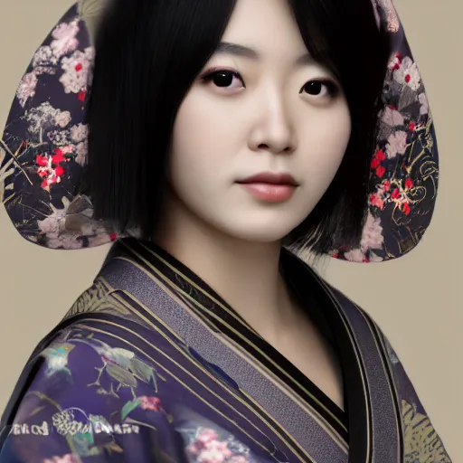 Image similar to Japanese Simone Norman wearing kimono, realistic, photo studio, HDR, 8k, trending on artstation