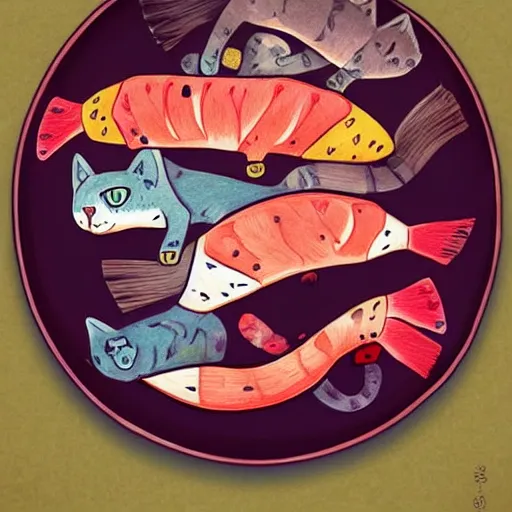 Image similar to cats slicing open fish on a platter in maiden outifts. Cute drawing, colorful deep meaning trending on artstation.