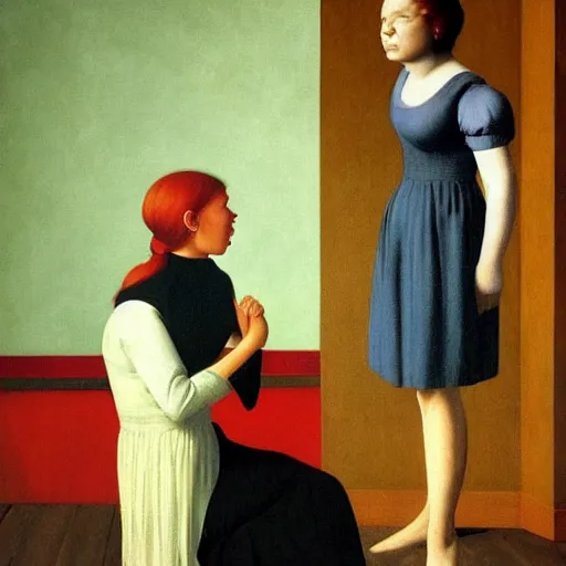 Image similar to a very angry mother is furious with her daughter by Raphael, Hopper, and Rene Magritte. detailed, romantic, enchanting, trending on artstation.