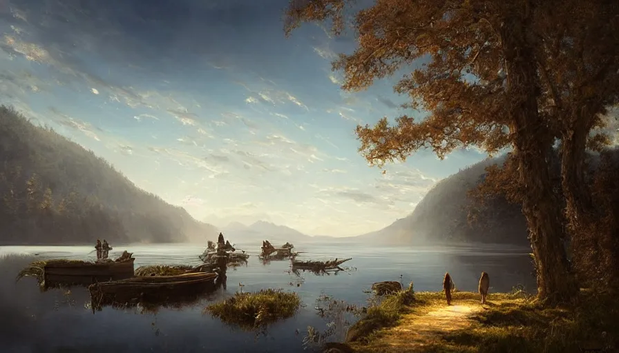 Image similar to portrait of a vast lake with a village surrounded by woodland, highly detailed, sunny, blue sky, cinematic lighting, highly angle, godrays, volumetric, photorealistic, digital art painting by greg rutkowski