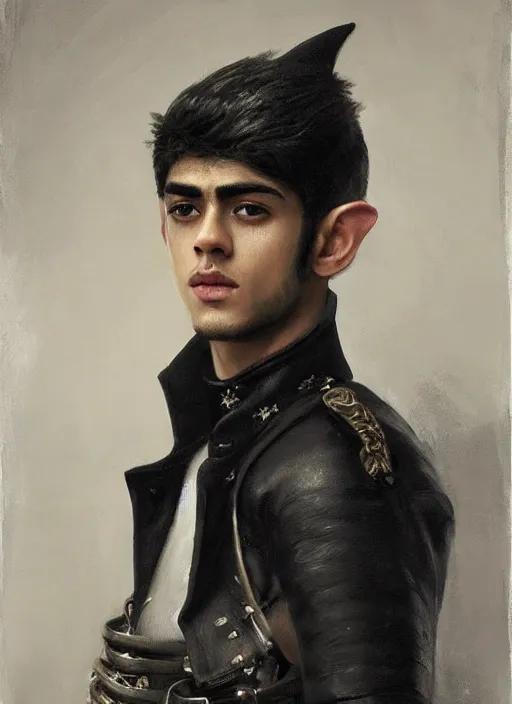 Prompt: head and shoulders portrait painting of young man who looks like zayn malik as an elf by jeremy mann, wearing leather napoleonic military style jacket, only one head single portrait, pointy ears, black background, soft top lighting, moody, shadowed