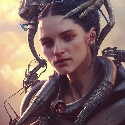 Image similar to portrait painting of a futuristic rugged female rebel, alien world, colonisation, ultra realistic, concept art, intricate details, eerie, highly detailed, photorealistic, octane render, 8 k, unreal engine. art by artgerm and greg rutkowski and alphonse mucha