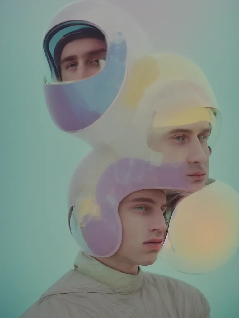 Prompt: high quality pastel coloured film portrait photograph of a beautiful young 2 0 year old male, soft facial features, short hair, wearing perspex space helmet and oversized inflated clothing!! icelandic black rock pool environment. atmospheric three point light. photographic. art directed. ( pastel colours ). volumetric. clearcoat. waves. 8 k. filmic.