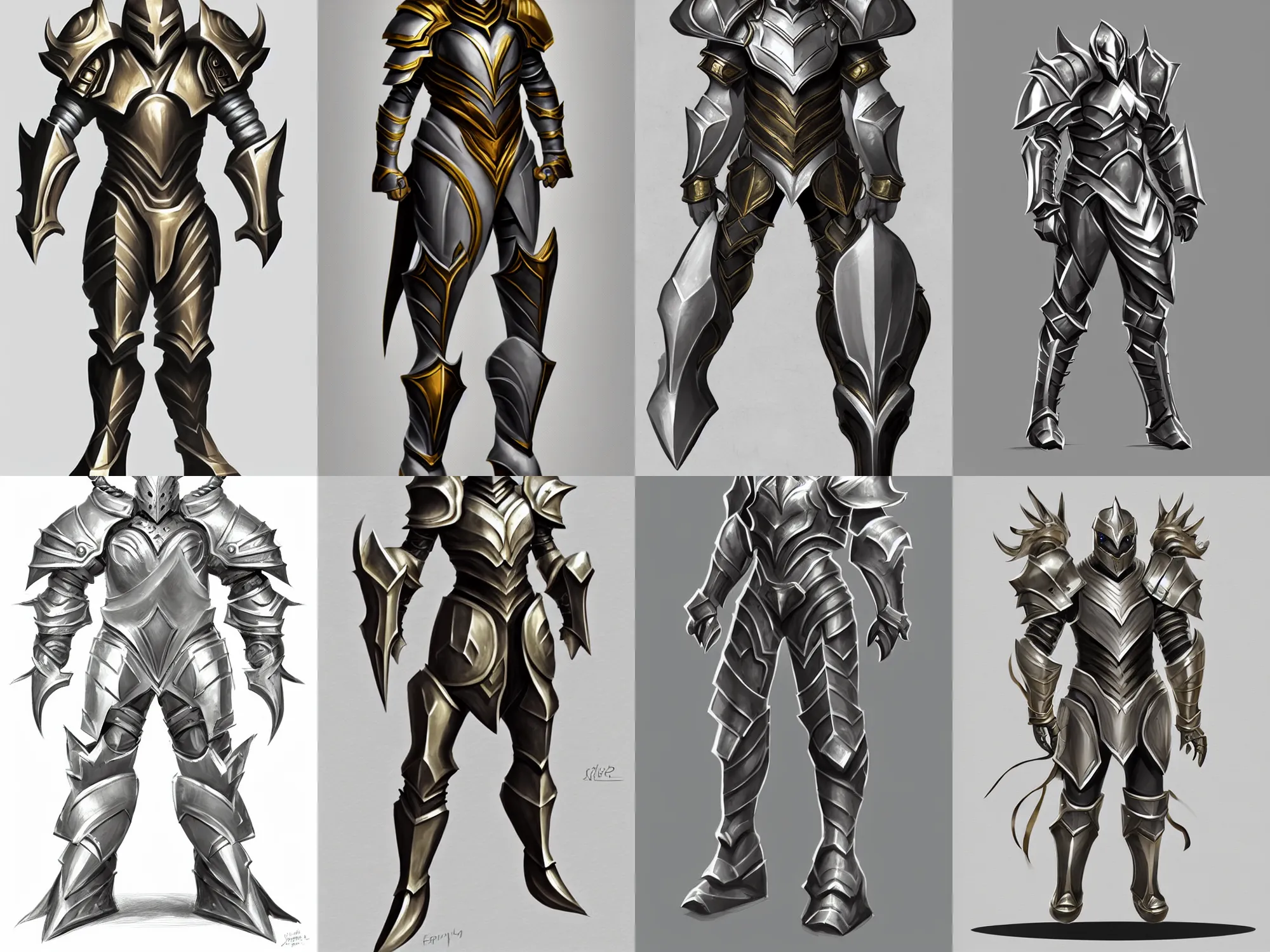 Prompt: heavy fantasy armor, rough minimal basic concept sketch, silver with gold trim, extremely polished, exaggerated proportions, flat shading, smooth, uncluttered, extremely clean, fantasy character portrait, professional concept art, front view, A-pose, full body