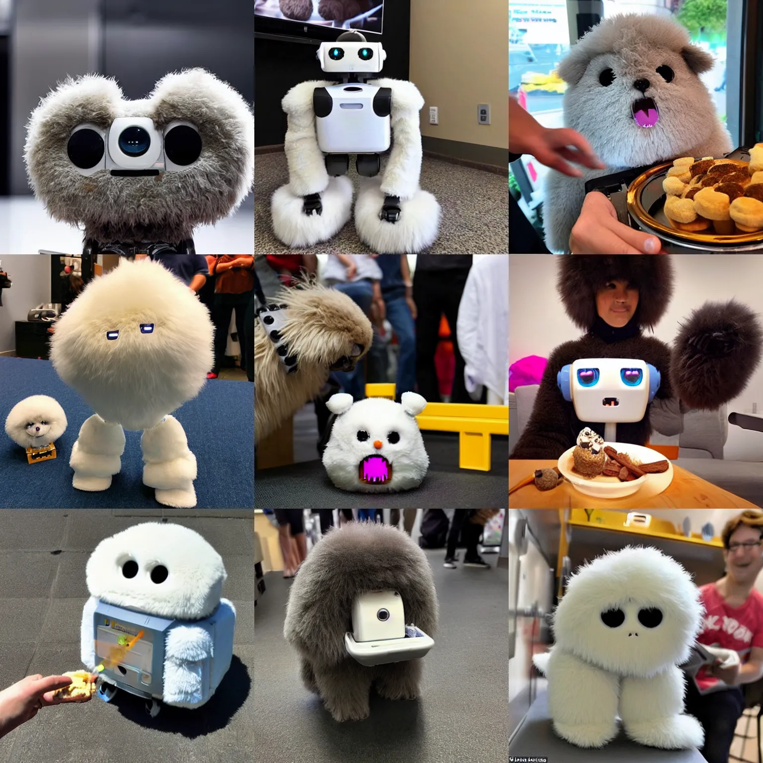 Prompt: <picture quality=hd+ mode='attention grabbing'>an adorable fluffy robot gets a treat</picture>