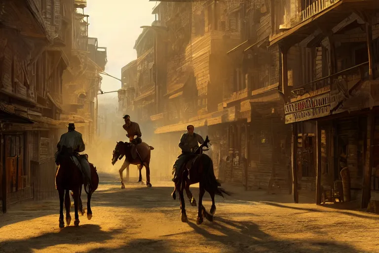 Image similar to rugged sheriff riding his horse through a busy old - west town, detailed, volumetric lighting, cinematic, in the style of fredrick remington