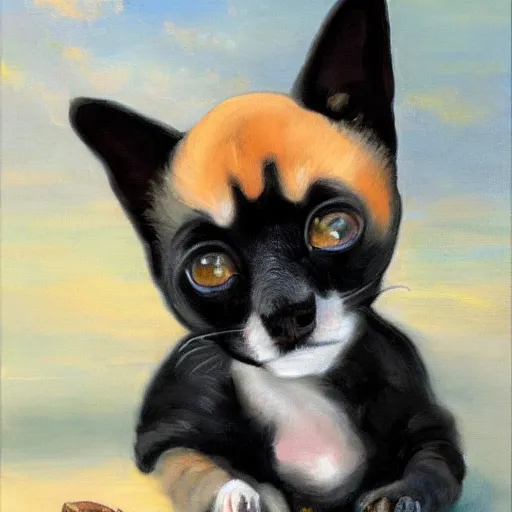 Image similar to oil in canvas of a puppy dog, a black rabbit and a siamese cat,