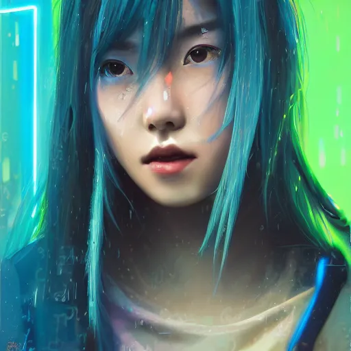 Prompt: a digital painting of choi sora in the rain with blue hair, cute - fine - face, pretty face, cyberpunk art by sim sa - jeong, cgsociety, synchromism, detailed painting, glowing neon, digital illustration, perfect face, extremely fine details, realistic shaded lighting, dynamic colorful background