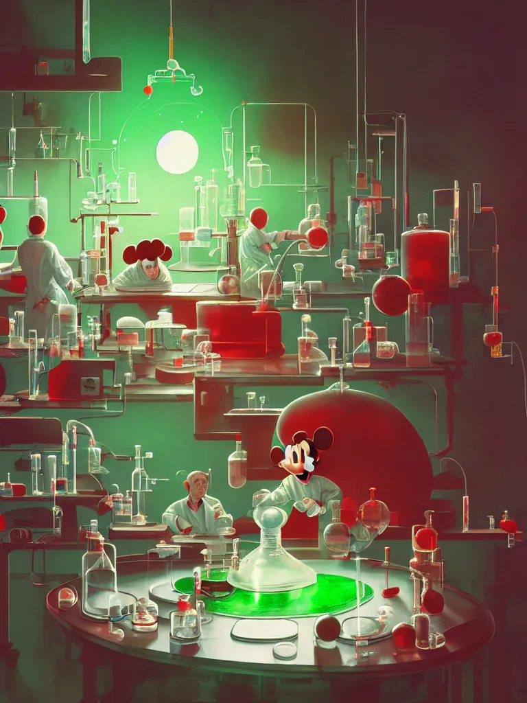 Image similar to scientists in laboratory, single giant mickey mouse face by denning guy, amano yoshitaka, berkey john, bowater charlie, greg rutkowski, netflix logo, green floor, red walls, colored gels, studio photography, 3 5 mm film look