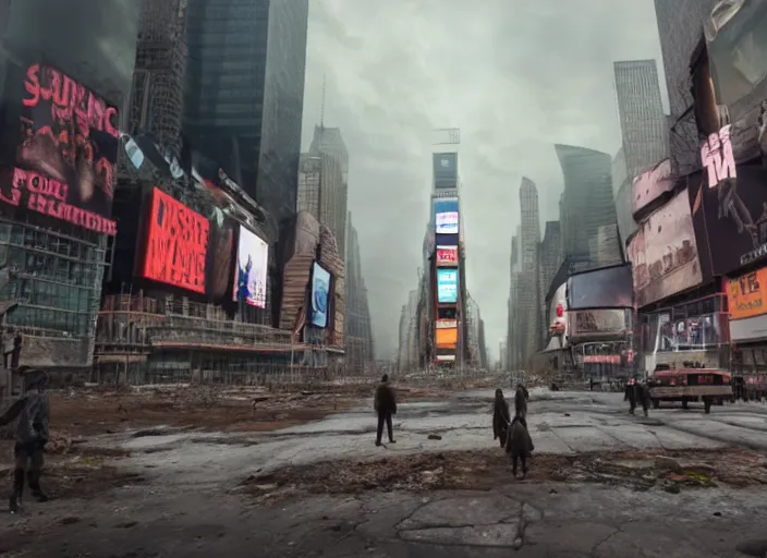 Prompt: film still of post apocalyptic empty time square, overgrown with wildlife walking through in the new sci - fi movie, 8 k